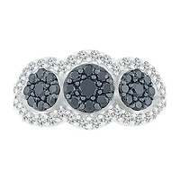 Womens 1 CT. T.W. Natural Black Diamond Sterling Silver Round Halo Cocktail Ring