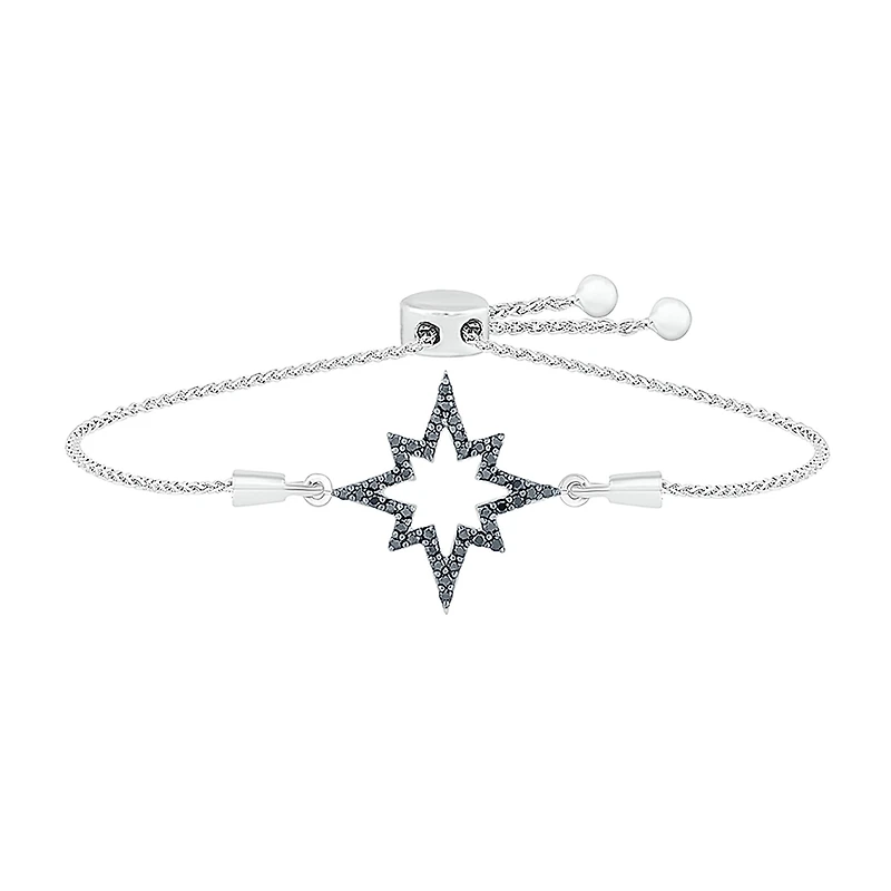 North Star Womens 1/4 CT. T.W. Natural Black Diamond Sterling Silver Star Bolo Bracelet