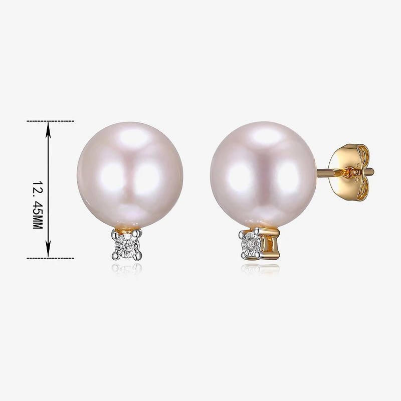 Diamond Accent White Cultured Freshwater Pearl 18K Gold Over Silver 12.7mm Ball Stud Earrings