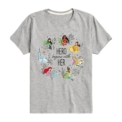 Disney Collection Little & Big Kid Girls Crew Neck Short Sleeve Regular Fit Ariel Cinderella Princess Graphic T-Shirt