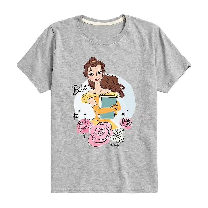 Disney Collection Little & Big Kid Girls Crew Neck Short Sleeve Regular Fit Belle Princess Graphic T-Shirt