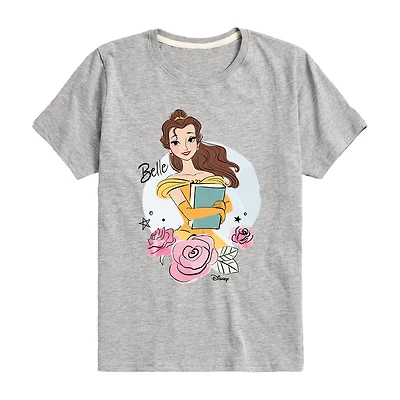 Disney Collection Little & Big Kid Girls Crew Neck Short Sleeve Regular Fit Belle Princess Graphic T-Shirt