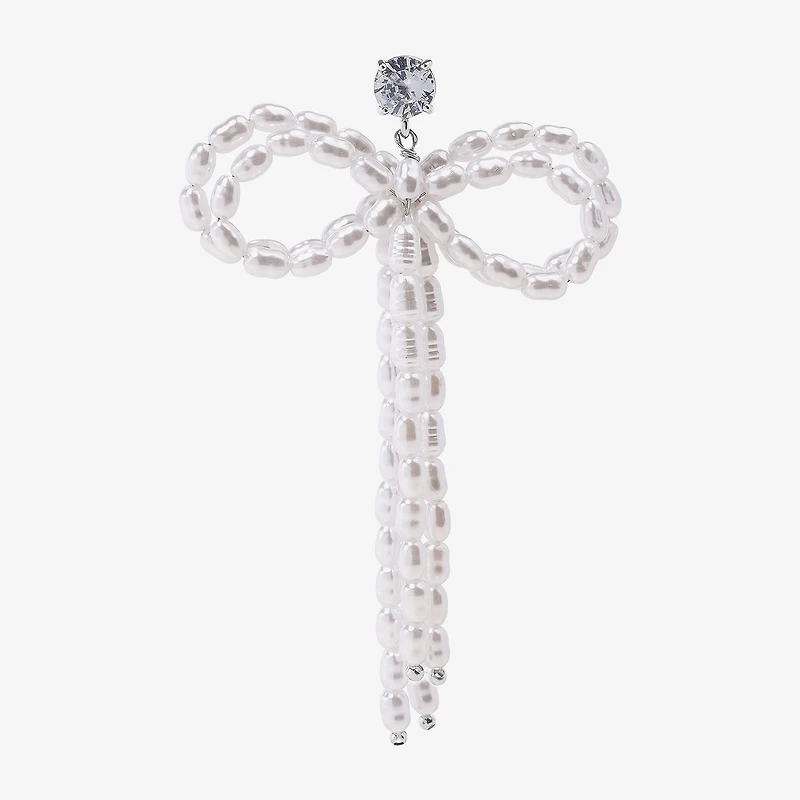 Bijoux Bar Silver Tone Womens Glass Simulated Pearl Bow Drop Earrings