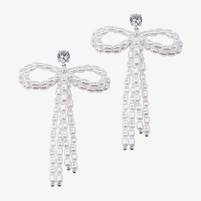 Bijoux Bar Silver Tone Womens Glass Simulated Pearl Bow Drop Earrings