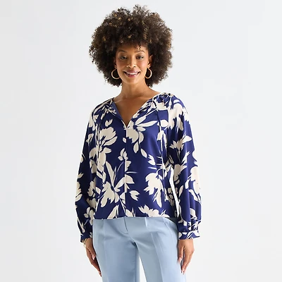 Worthington Womens Split Tie Neck Long Sleeve Blouse