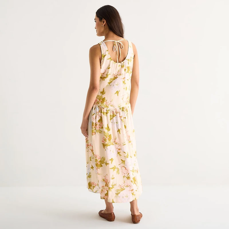 a.n.a Womens Sleeveless U Neck Floral Midi Drop Waist Dress