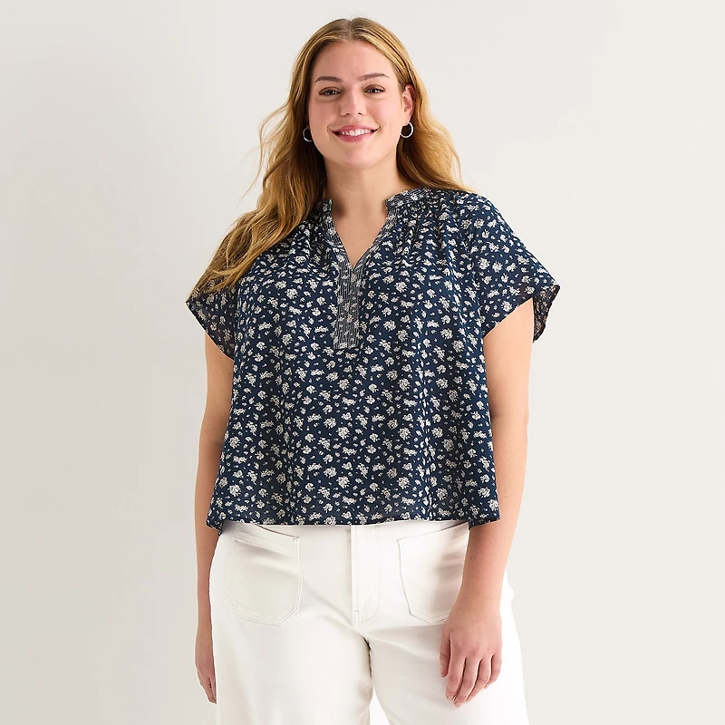 a.n.a Womens Plus Split Crew Neck Short Sleeve Blouse