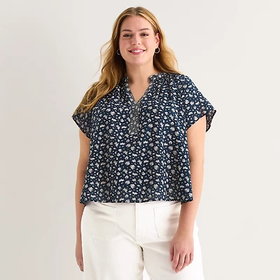 a.n.a Womens Plus Split Crew Neck Short Sleeve Blouse