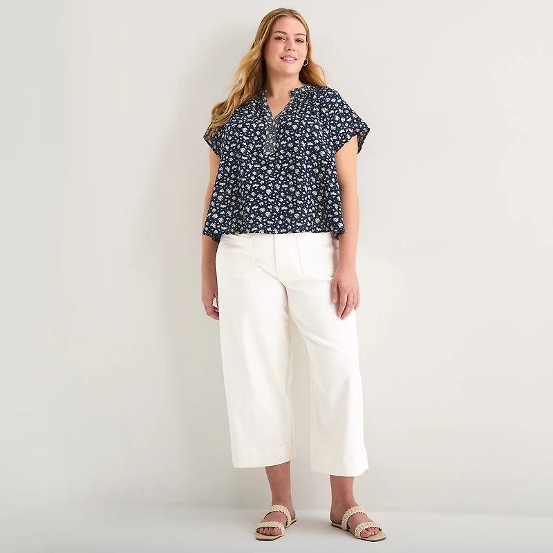 a.n.a Womens Plus Split Crew Neck Short Sleeve Blouse