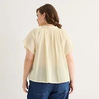 a.n.a Womens Plus Split Crew Neck Short Sleeve Blouse