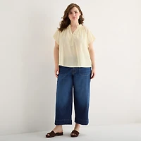 a.n.a Womens Plus Split Crew Neck Short Sleeve Blouse