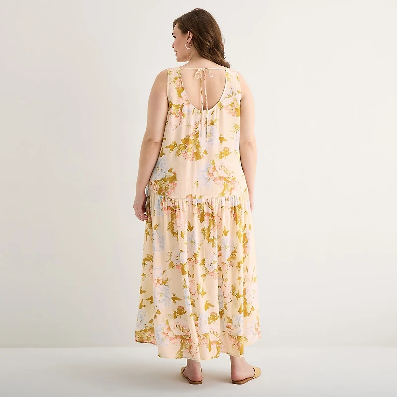 a.n.a Womens Plus Sleeveless Round Neck Floral Midi Drop Waist Dress