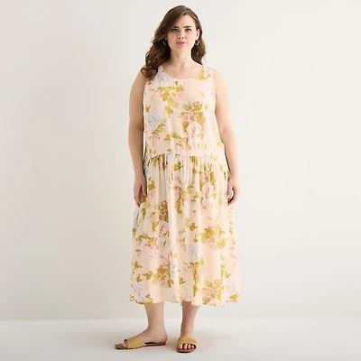 a.n.a Womens Plus Sleeveless Round Neck Floral Midi Drop Waist Dress
