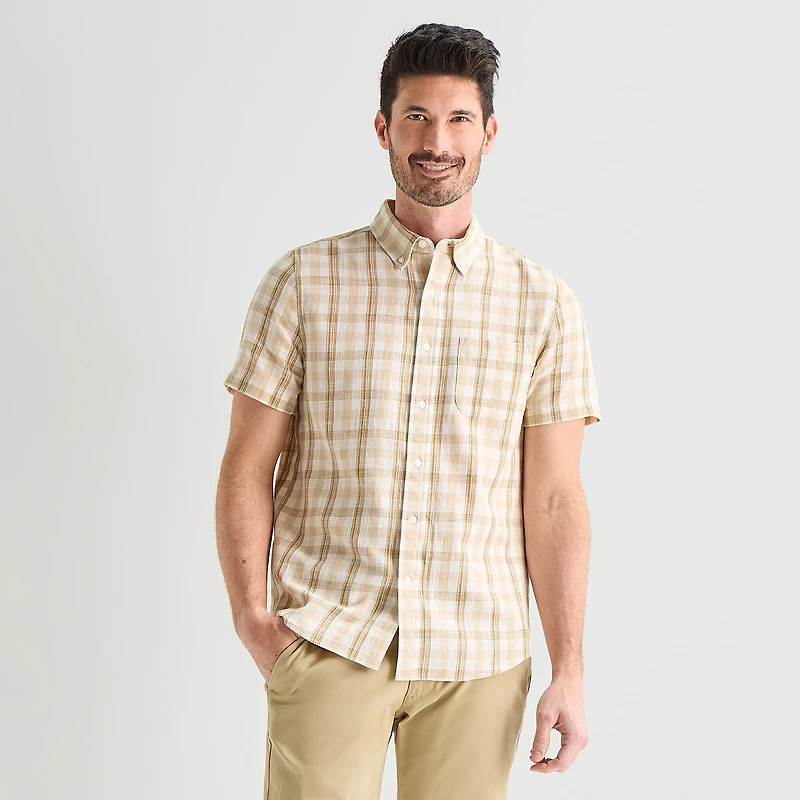 St. John's Bay Texture Gingham Mens Short Sleeve Classic Fit Button-Down Shirt