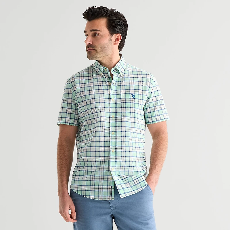 U.S. Polo Assn. Plaid Mens Short Sleeve Classic Fit Stretch Fabric Button-Down Shirt