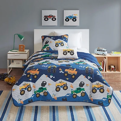 Intelligent Design Gavin Monster Truck Reversible Quilt Set With Throw Pillow