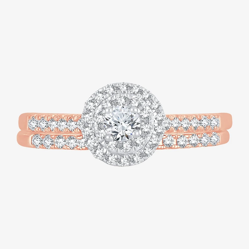 Round 1/2 CT.T.W. Natural Diamond Side Stone Halo Bridal Set 10K or 14K Gold