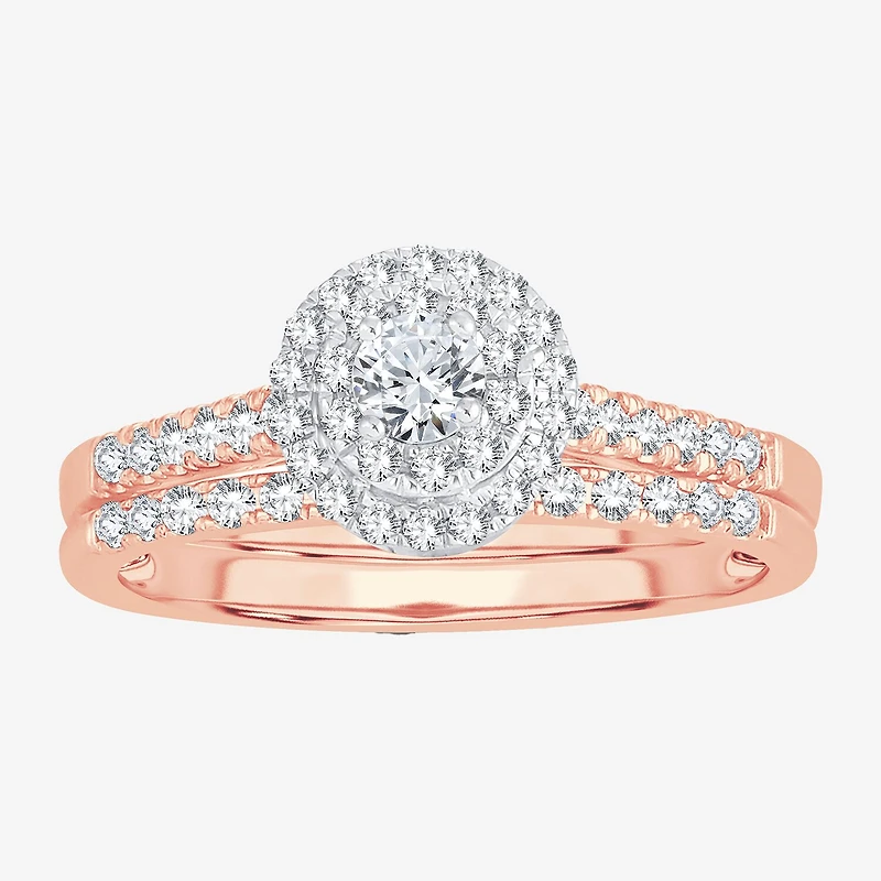 Round 1/2 CT.T.W. Natural Diamond Side Stone Halo Bridal Set 10K or 14K Gold