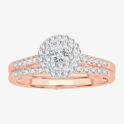 Round 1/2 CT.T.W. Natural Diamond Side Stone Halo Bridal Set 10K or 14K Gold