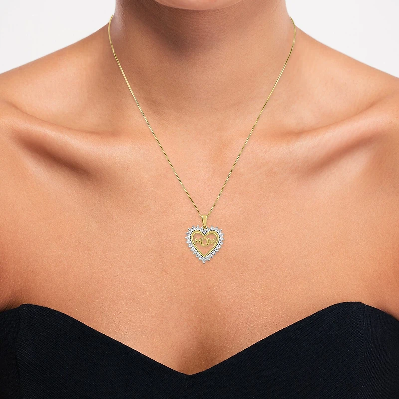 "Mom" Womens 1/10 CT. T.W. Natural White Diamond 14K Gold Over Silver Heart 18 Inch Pendant Necklace