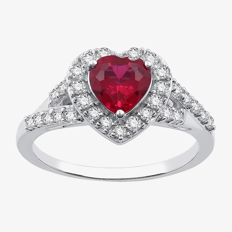 Yes, Please! Womens Lab Created Red Ruby Sterling Silver Heart Halo Side Stone Cocktail Ring
