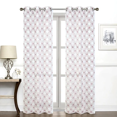 Regal Home Perth Geometric Embroidery Grommet Top Sheer Set of 2 Curtain Panel