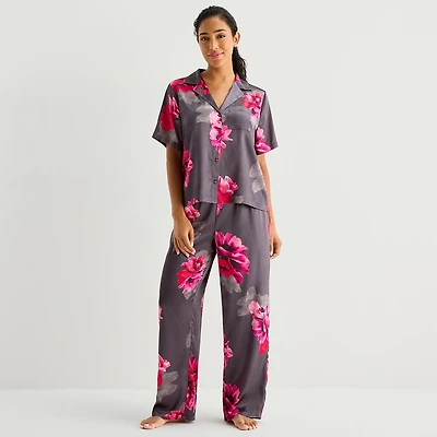 Ambrielle Womens Satin Short Sleeve 2-pc. Pajama Set