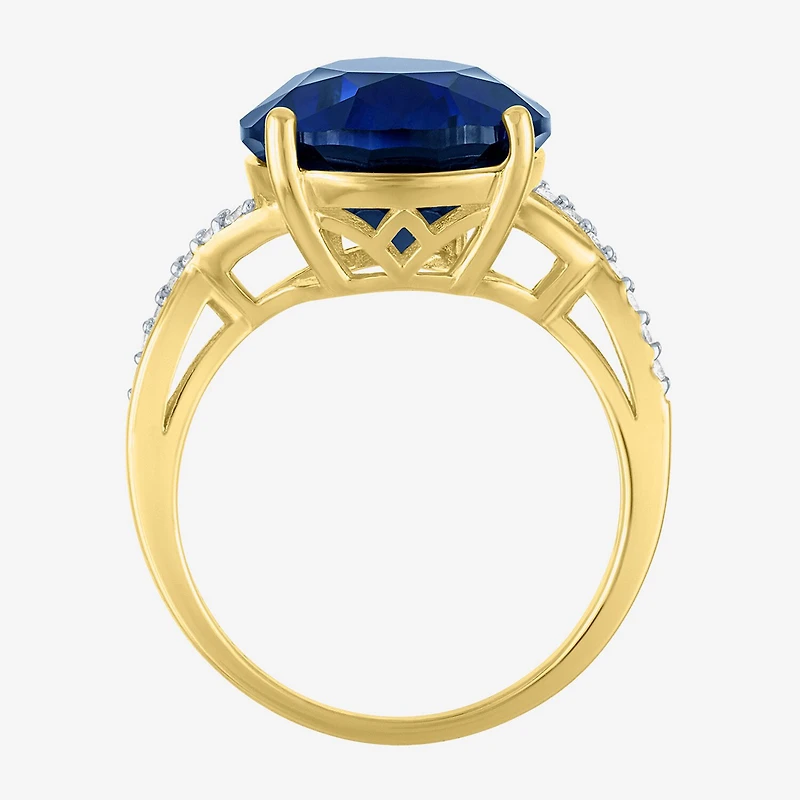 Womens Lab Created Blue Sapphire 14K Gold Over Silver Pear Side Stone Cocktail Ring