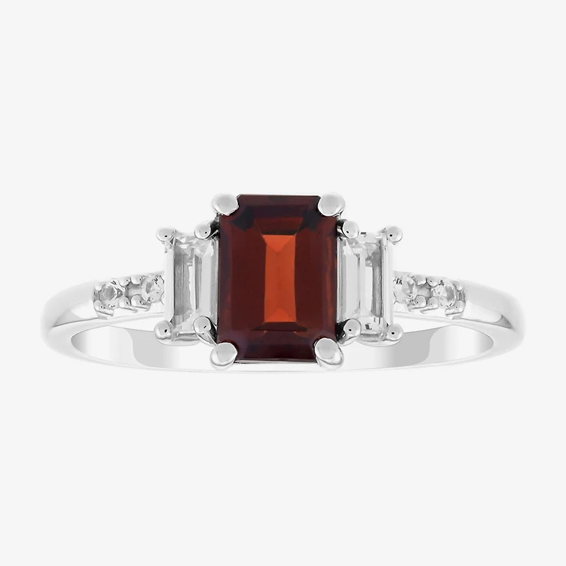Womens Genuine Red Garnet Sterling Silver Side Stone Cocktail Ring