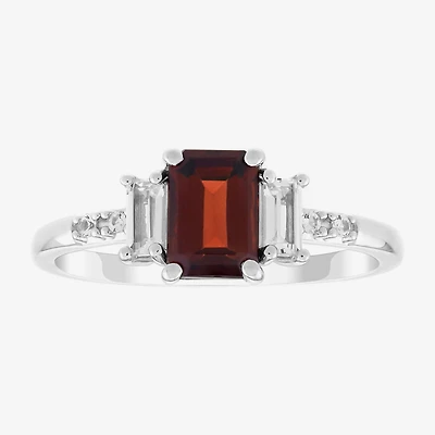 Womens Genuine Red Garnet Sterling Silver Side Stone Cocktail Ring