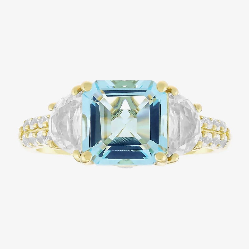 Womens Simulated Blue Aquamarine 14K Gold Over Silver Side Stone Cocktail Ring