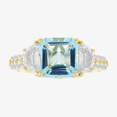 Womens Simulated Blue Aquamarine 14K Gold Over Silver Side Stone Cocktail Ring
