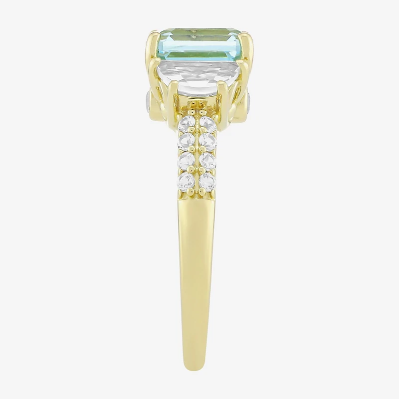 Womens Simulated Blue Aquamarine 14K Gold Over Silver Side Stone Cocktail Ring