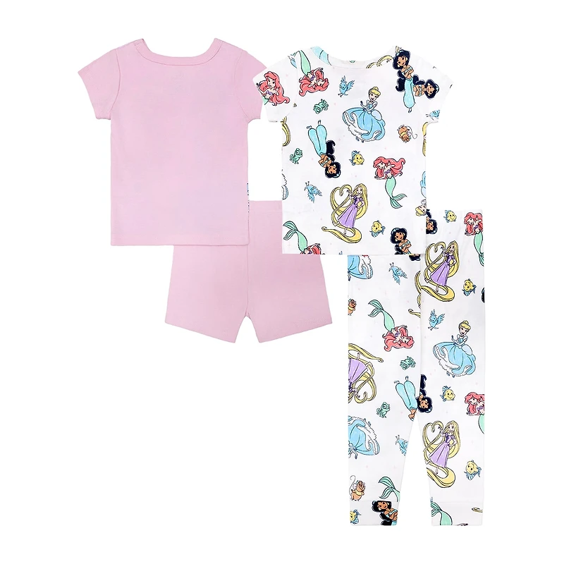 Disney Collection Toddler Girls Ariel Cinderella Princess Crew Neck Short Sleeve 4-pc. Pajama Set
