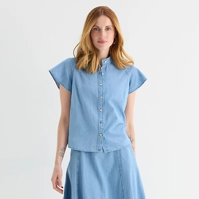 Liz Claiborne Womens Tall High Neck Short Sleeve Blouse