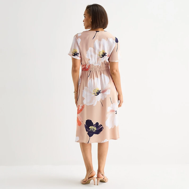 Liz Claiborne Womens Midi V Neck Short Sleeve Satin Floral A-Line Dress
