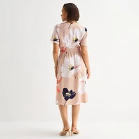 Liz Claiborne Womens Midi V Neck Short Sleeve Satin Floral A-Line Dress