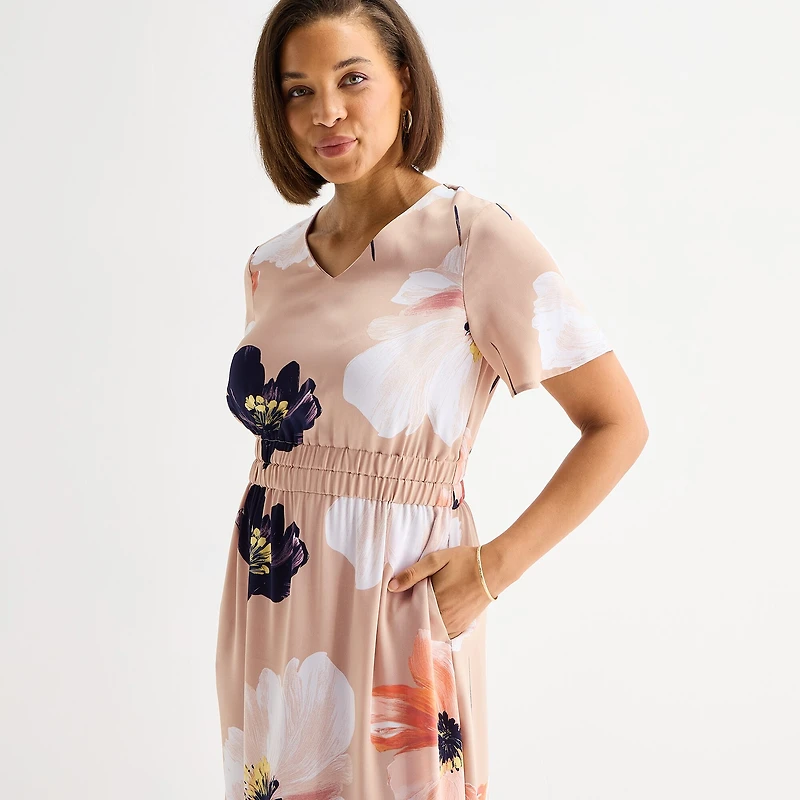 Liz Claiborne Womens Midi V Neck Short Sleeve Satin Floral A-Line Dress