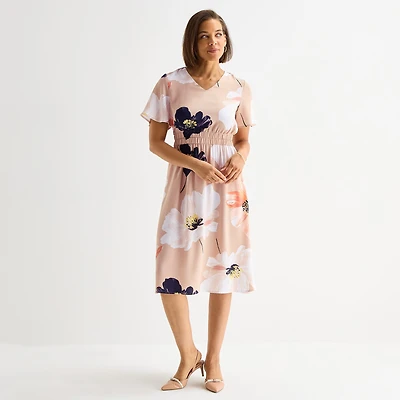 Liz Claiborne Womens Midi V Neck Short Sleeve Satin Floral A-Line Dress