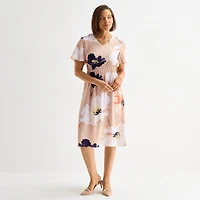Liz Claiborne Womens Midi V Neck Short Sleeve Satin Floral A-Line Dress