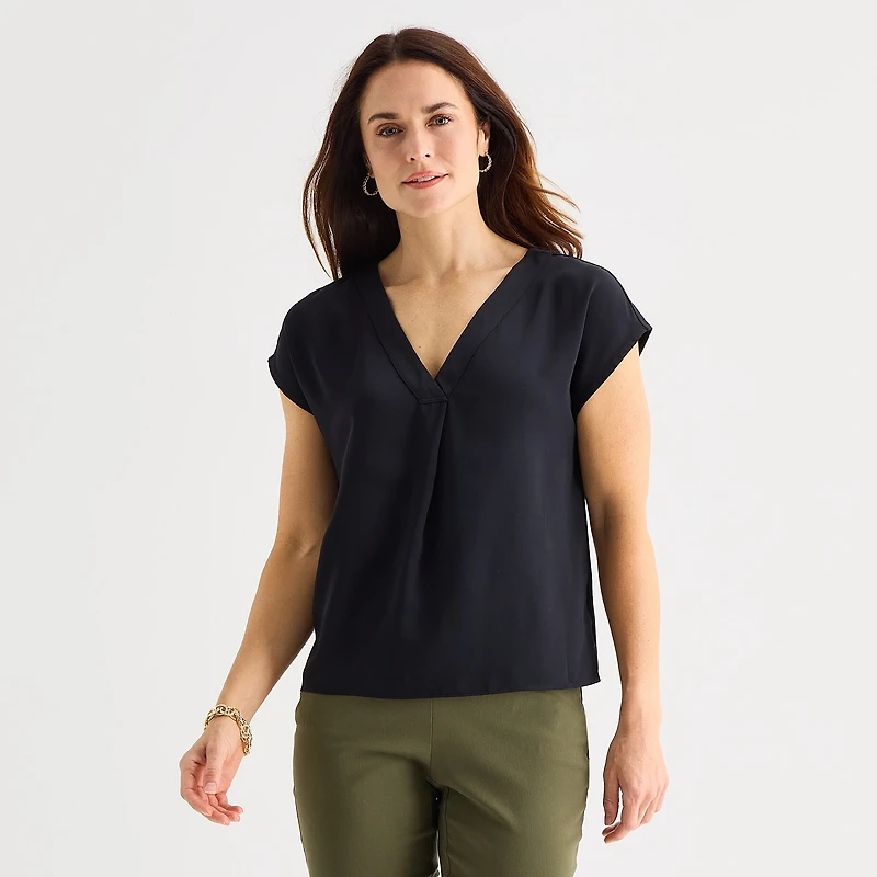 Liz Claiborne Womens V Neck Short Sleeve Satin Blouse