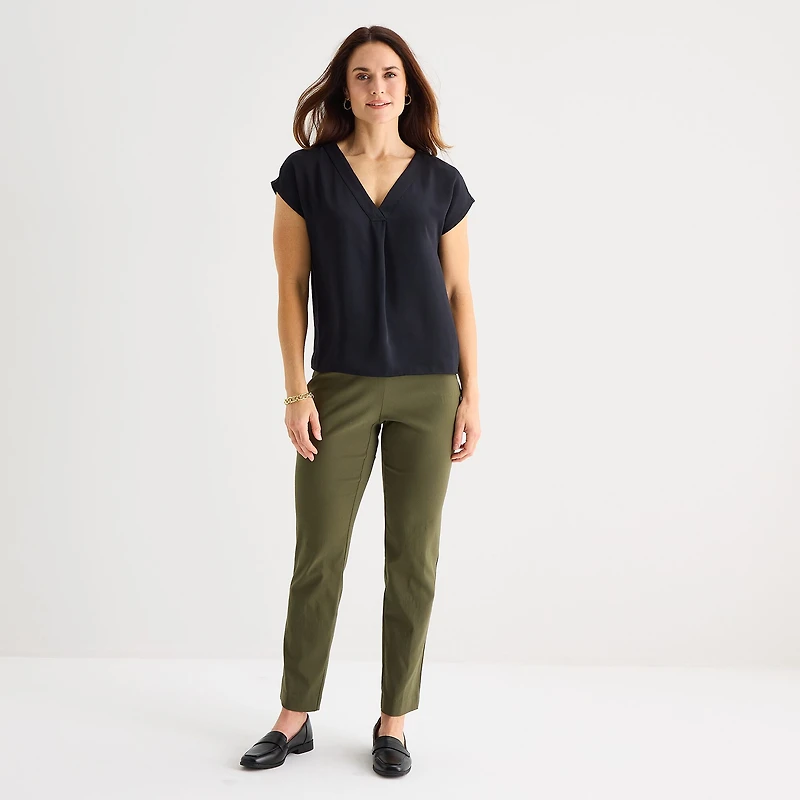 Liz Claiborne Womens V Neck Short Sleeve Satin Blouse