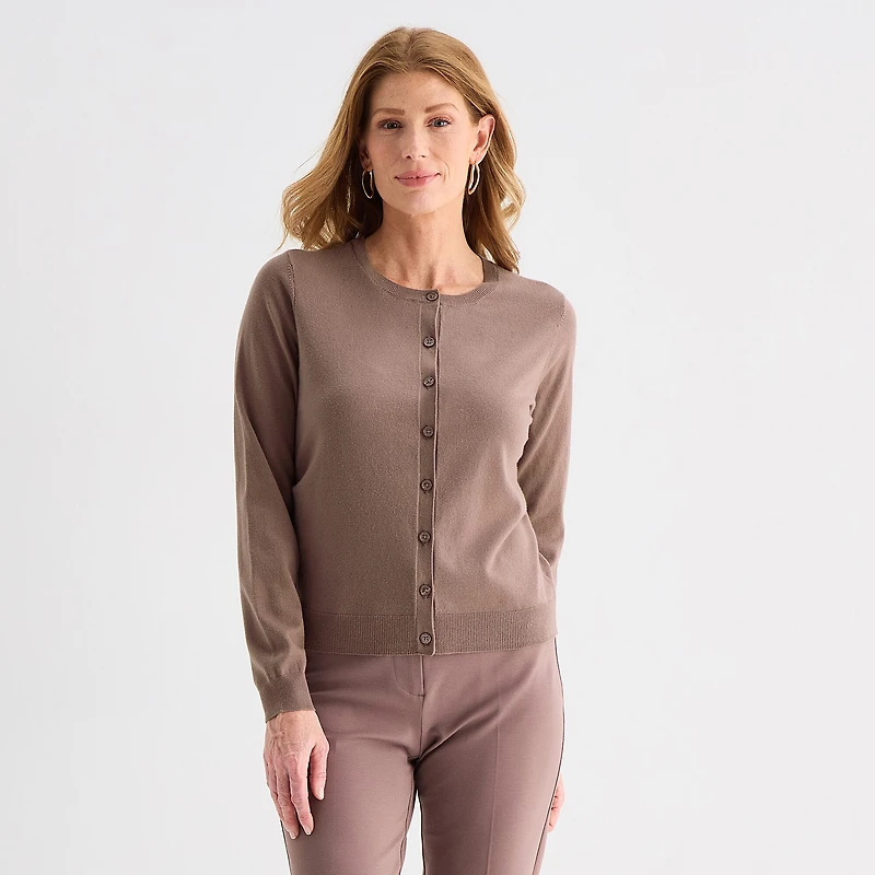 Liz Claiborne Womens Crew Neck Long Sleeve Button Cardigan
