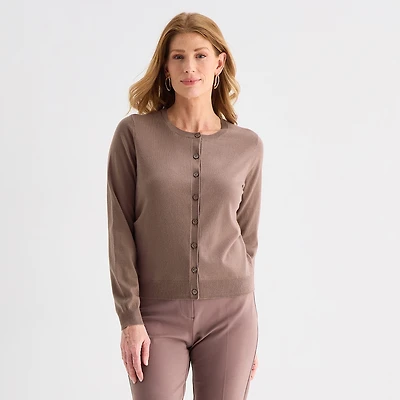 Liz Claiborne Womens Crew Neck Long Sleeve Button Cardigan