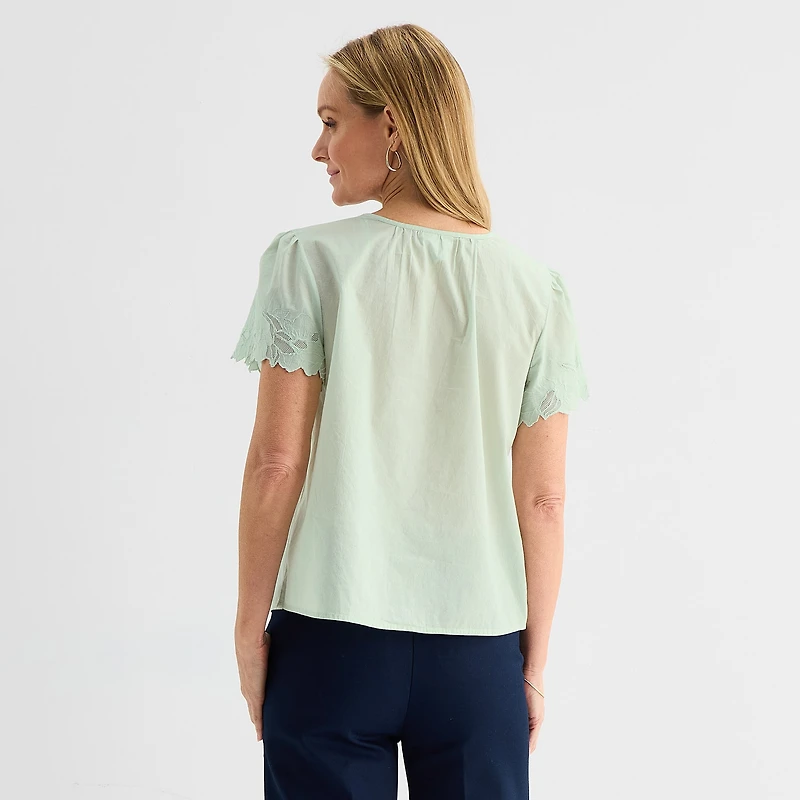 Liz Claiborne Womens Keyhole Neck Short Sleeve Embroidered Blouse