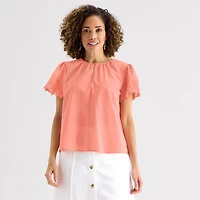 Liz Claiborne Womens Keyhole Neck Short Sleeve Embroidered Blouse