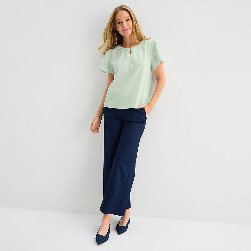 Liz Claiborne Womens Keyhole Neck Short Sleeve Embroidered Blouse