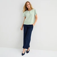 Liz Claiborne Womens Keyhole Neck Short Sleeve Embroidered Blouse
