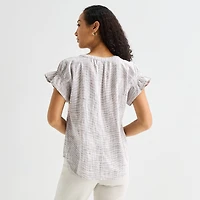 Liz Claiborne Womens Split Crew Neck Short Sleeve Blouse