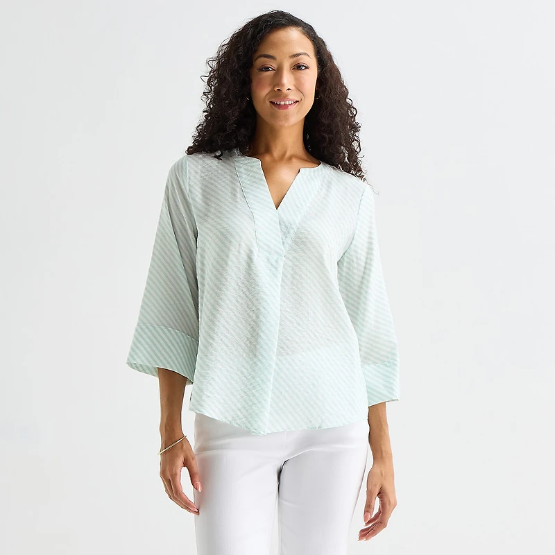 Liz Claiborne Petite Womens Split Crew Neck 3/4 Sleeve Tunic Top